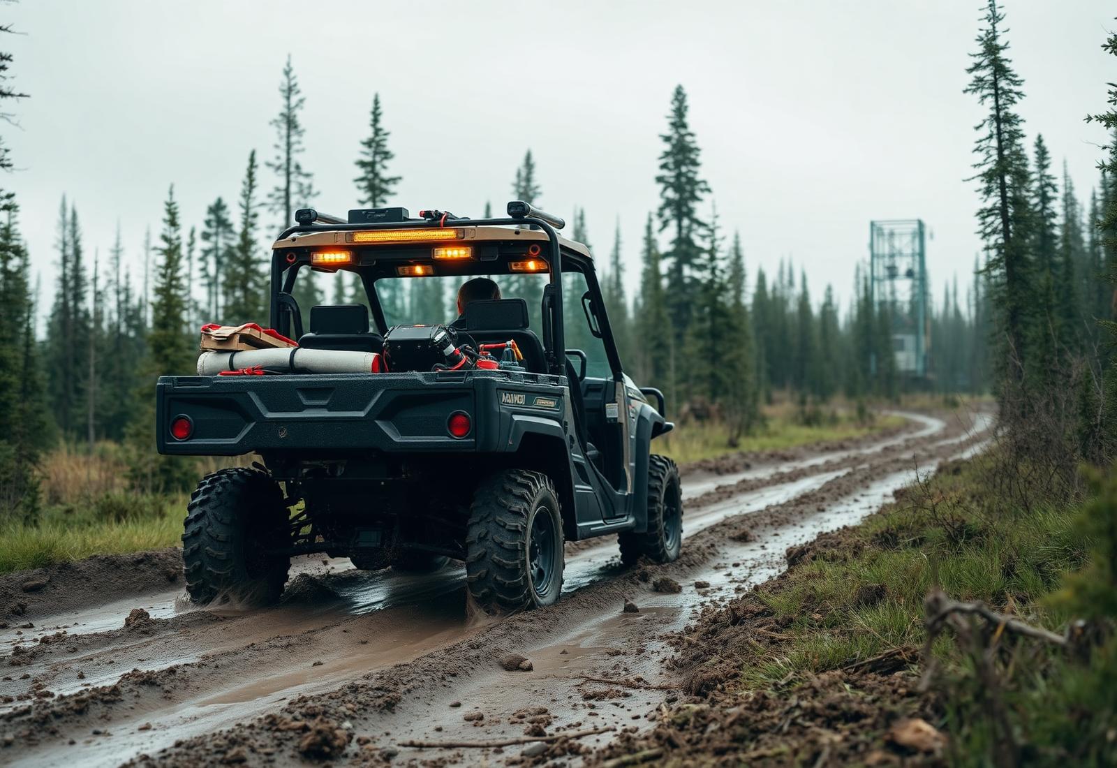 Side-by-side UTV loaded with equipment on a muddy remote access trail to a telecom worksite