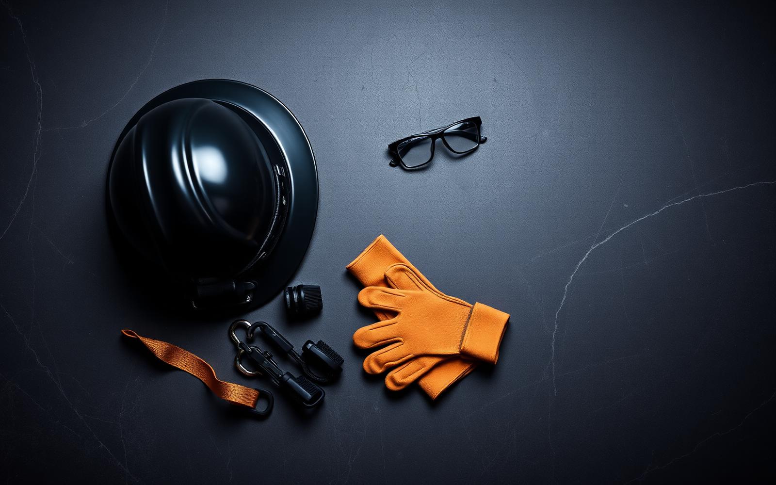 Black hard hat and safety equipment on a charcoal surface